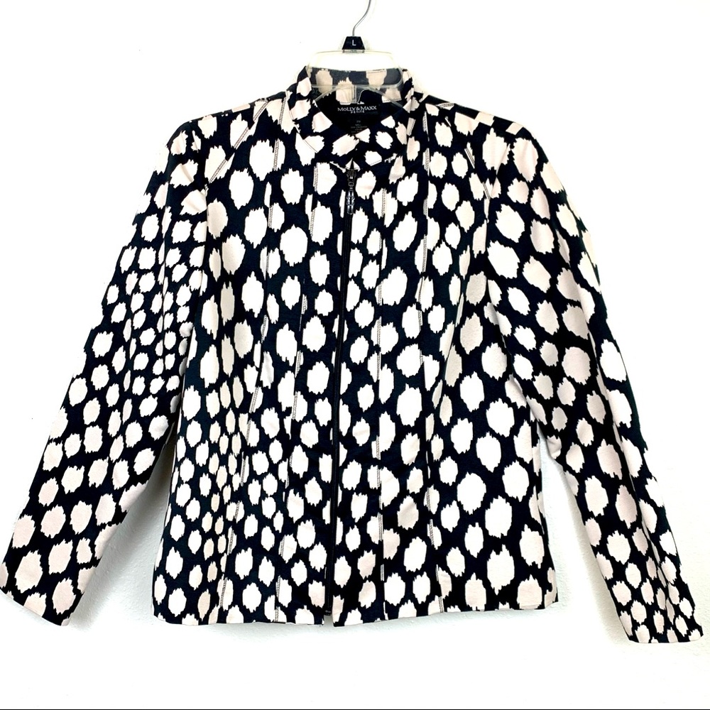 Molly & Maxx Black and White Zip Up Jacket Blazer Size Petite Medium Lined Dots